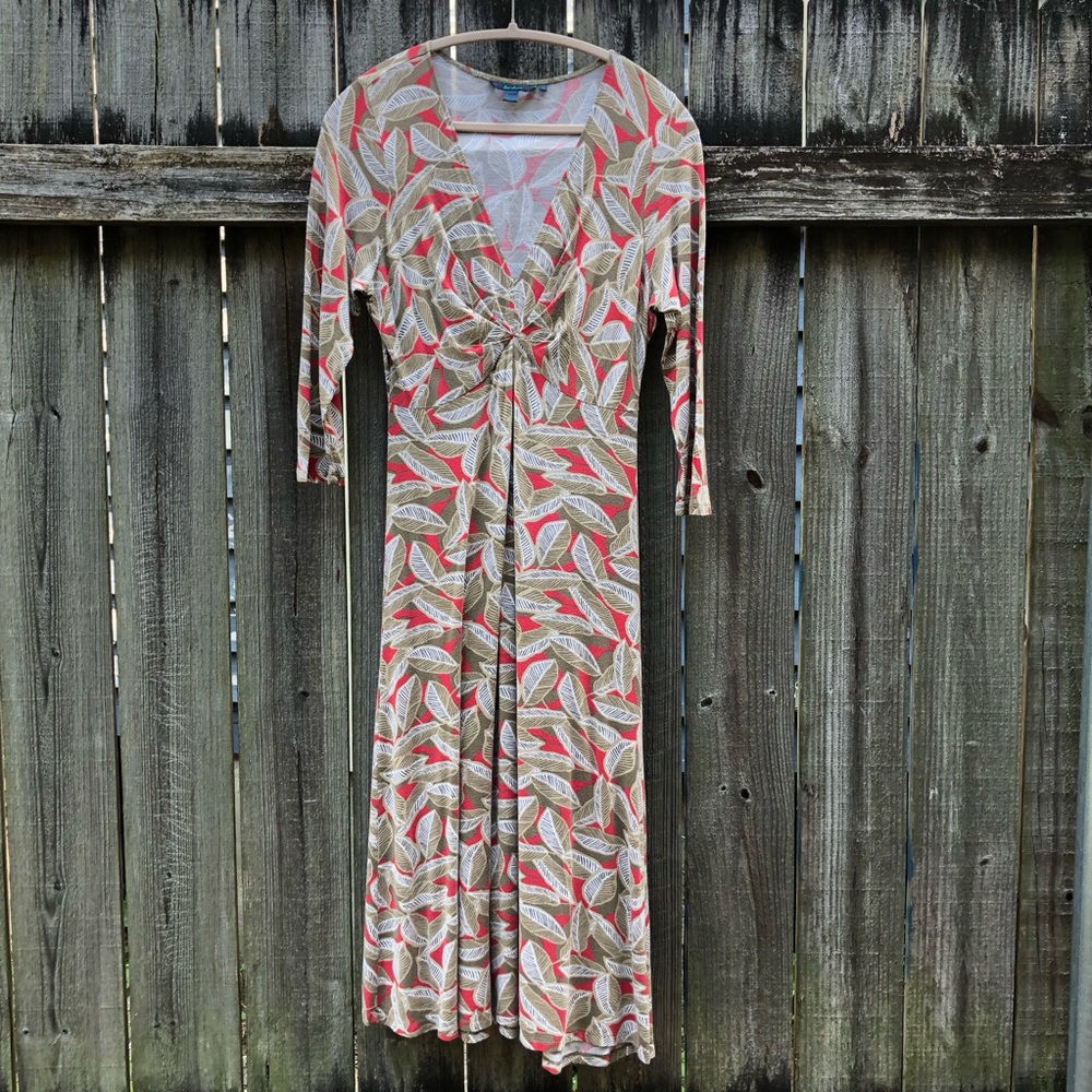 Boden Jersey Midi Dress Size 12 Red Tan Leaf Print 3/4 Sleeves WH115